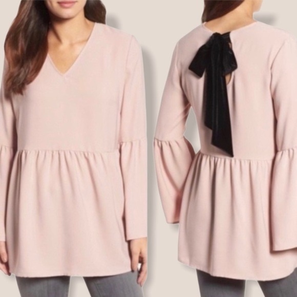 Blush Pink Black Velvet Bow Tie-Back V-Neck Babydoll Bell Long Sleeve Top - Picture 1 of 7
